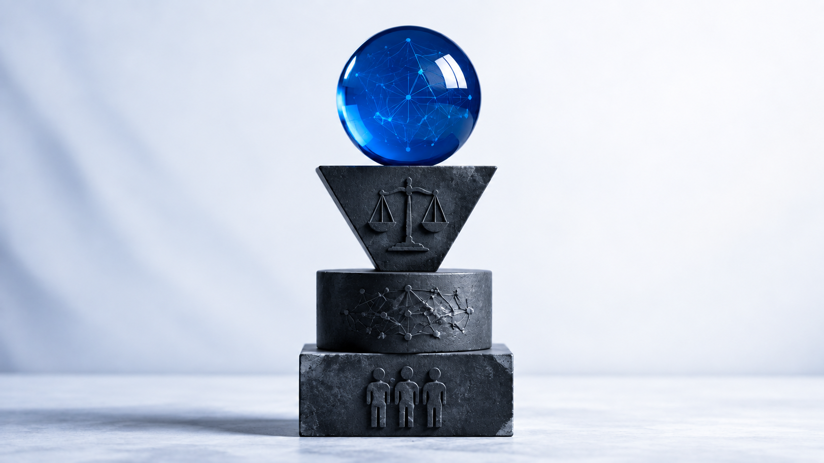 Sphère bleue translucide posée sur trois blocs de pierre sombre gravés d’une balance de justice, d’un réseau et de silhouettes humaines