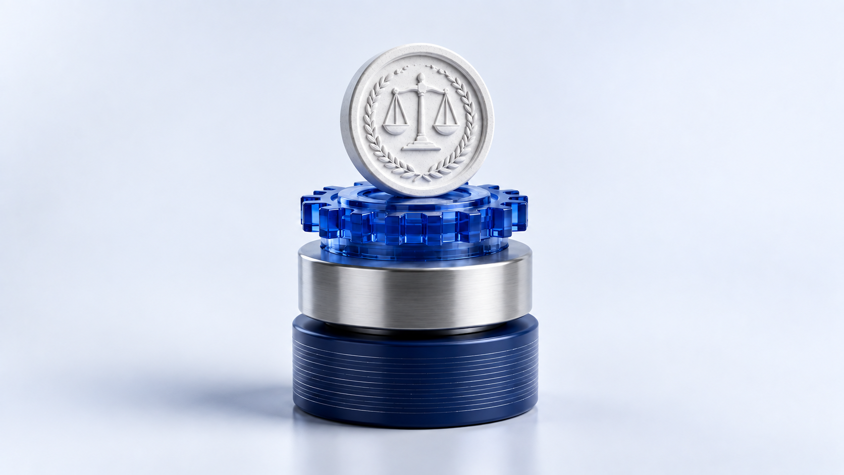 Pièce gravée d’une balance de justice posée sur un engrenage bleu translucide et un socle métallique