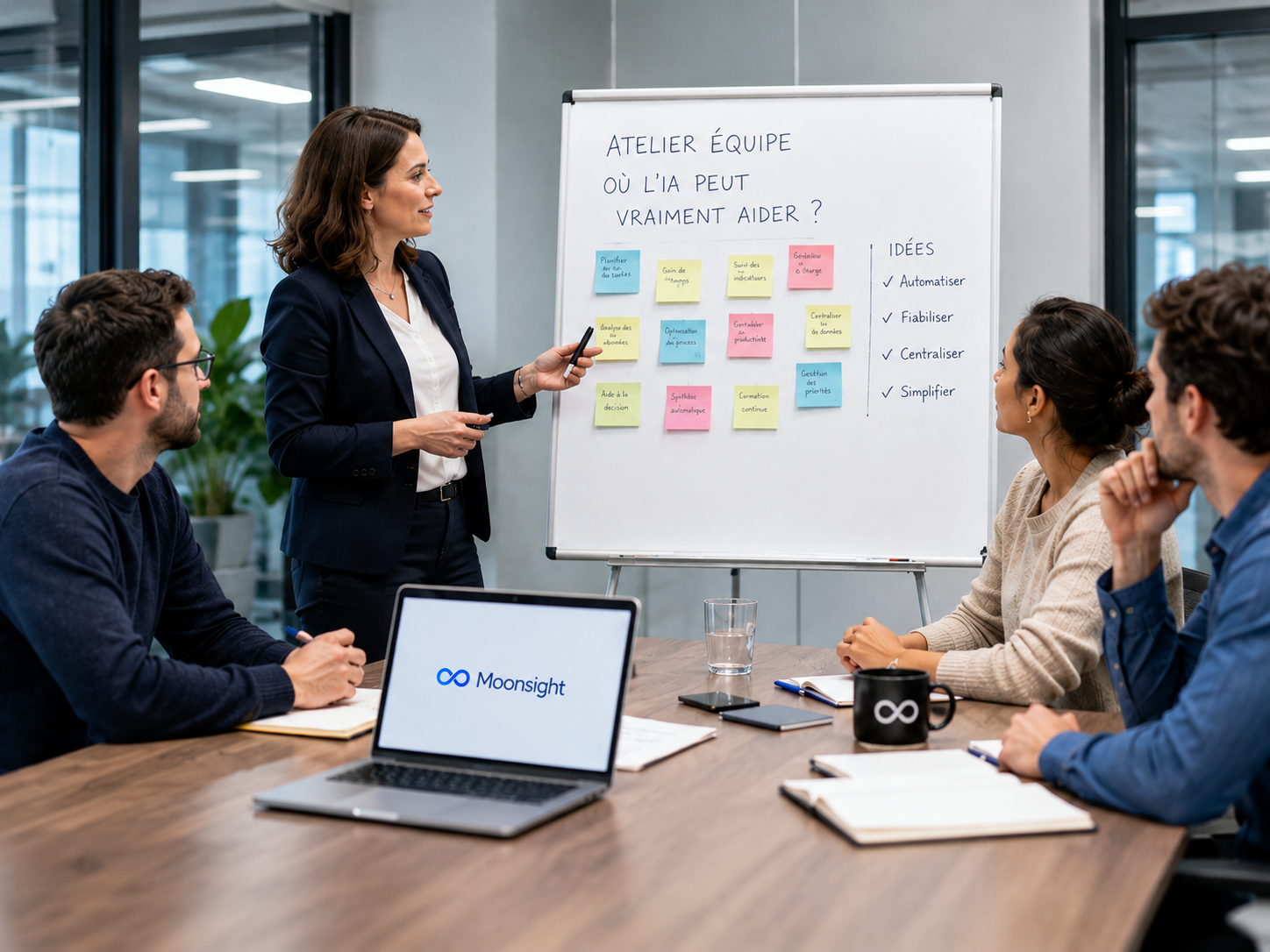 Atelier équipe Moonsight : consultante devant tableau blanc