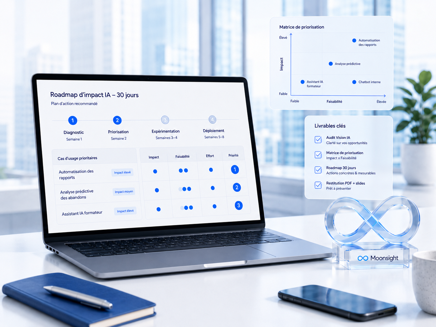 MacBook affichant la roadmap d'impact IA sur 30 jours avec matrice de priorisation